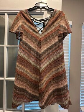 BCBGeneration Crocheted Stripe Midi Dress in Brown, Tan, Cream